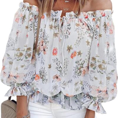 BLENCOT Summer Sexy Off Shoulder Tops for Women Boho Ruffle Sleeve Floral Chiffon Shirts Blouses