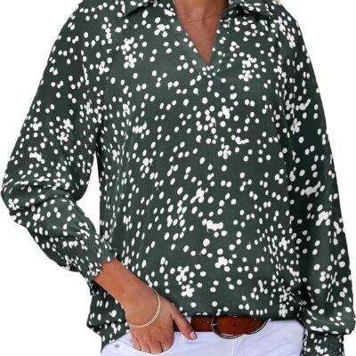 Astylish Women 2025 Casual Polka Dot Blouses Smocked Long Sleeve V Neck Collared Shirts Chiffon Bohemian Tops