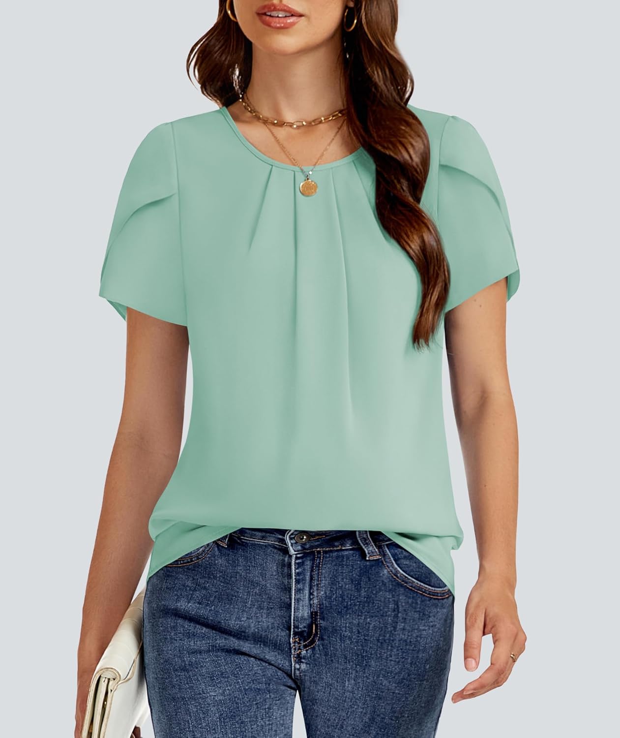 Funlingo Womens Summer Tops Dressy Casual Short Sleeve Tunic Chiffon Blouse Business Pleated Crew Neck Loose Flowy Shirts - Image 5