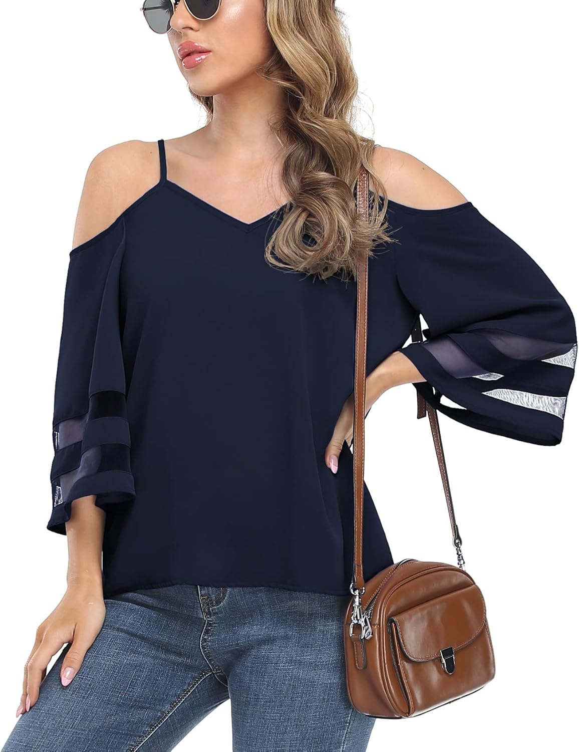 Jouica Womens Summer Cold Shoulder Tops Mesh Panel 3/4 Bell Sleeve Tees Adjustable Spaghetti Strap Loose Fit Shirts - Image 3