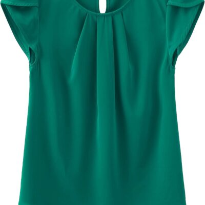 TASAMO Women's Casual Round Neck Basic Pleated Top Cap Sleeve Curved Keyhole Back Chiffon Blouse