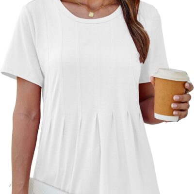 GRACE KARIN Womens Short Sleeve T Shirts Trendy Pleated Dressy Casual Scoop Neck Summer Trendy Stretchy Tunic Top Work Blouse