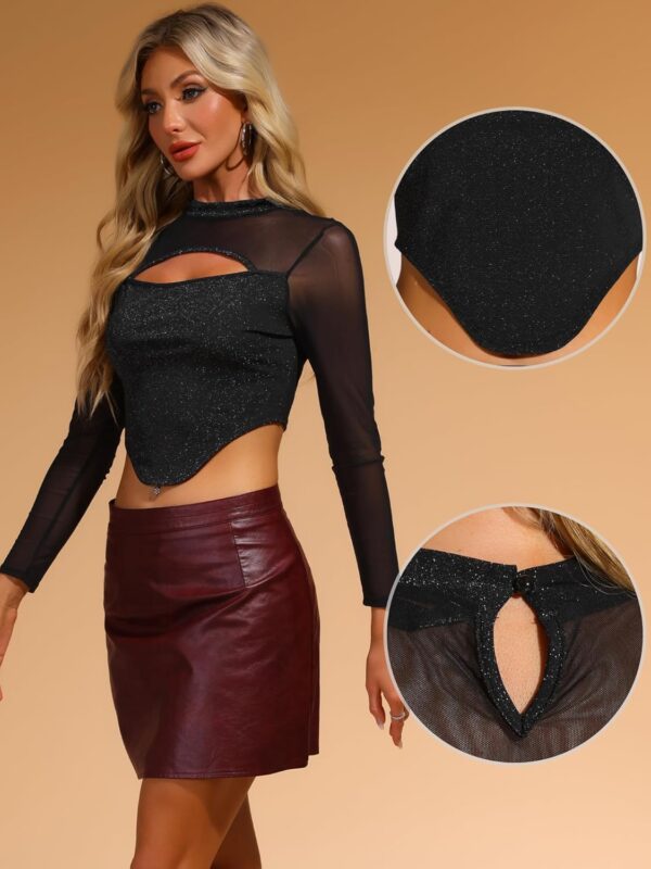 Allegra K Glitter Top for Women's Long Sleeve Mock Neck Keyhole Mesh Clubewear Sparkle Crop Top - Image 2
