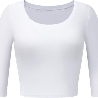 OThread & Co. Women's 3/4 Sleeve Scoop Neck Crop Top Basic Comfy Ribbed Knit Tee
