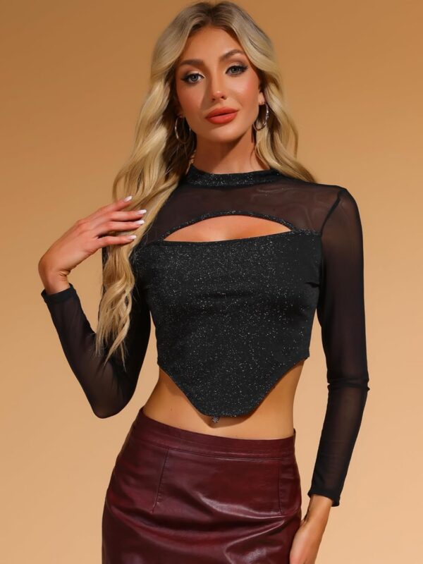 Allegra K Glitter Top for Women's Long Sleeve Mock Neck Keyhole Mesh Clubewear Sparkle Crop Top - Image 4
