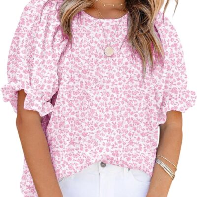 Dokotoo Floral Print Blouses for Women Crewneck Smocked Puff Sleeve Shirts Casual Babydoll Tops