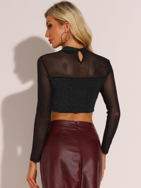 Allegra K Glitter Top for Women's Long Sleeve Mock Neck Keyhole Mesh Clubewear Sparkle Crop Top - Image 3