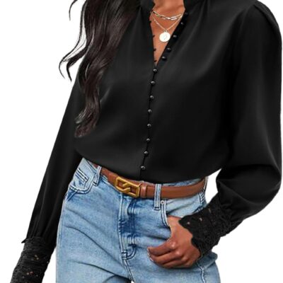 Neweek Womens Button Down Shirts Lace Cuff Long Sleeve Chiffon Dressy Tops Band Collar Fall Business Casual Blouses 2025