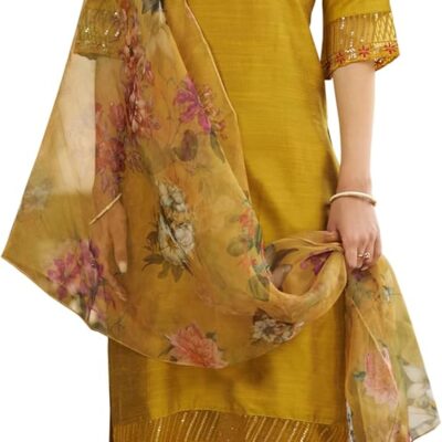 VredeVogel Women's Cotton Silk Embroidered Kurta with Pant & Organza Dupatta Set