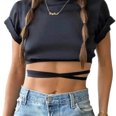 Women's Tie Up Back Satin Crop Tops Summer Backless Crew Neck Short Sleeve Going Out Blouse Shirt