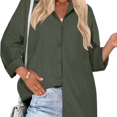 HOTOUCH Women Oversized Button Down Shirts Boyfriend Long Sleeve Blouse Collared Tops