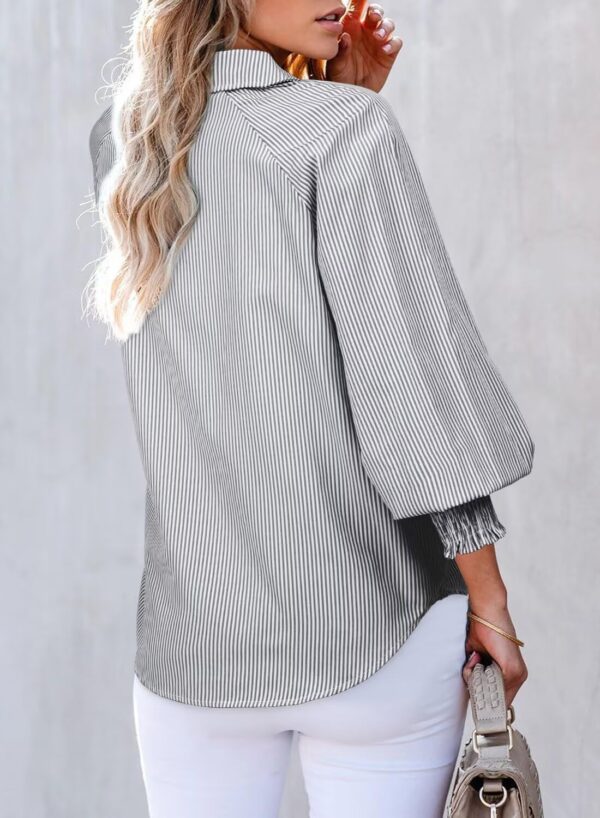 Astylish Women 2025 Fine Striped Smocked Cuffed Henley Shirts Long Sleeve Collared Blouse Tops with Pocket - Image 2