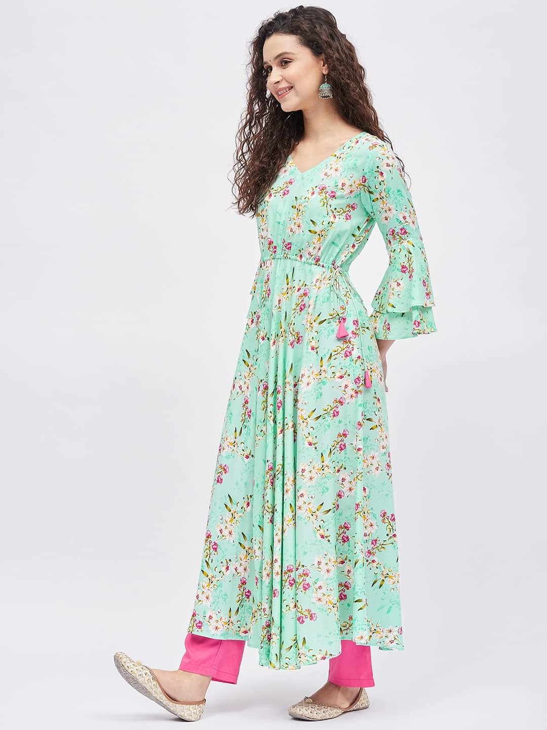 Tissu Women's Rayon Light Green & Rani Floral Printed Tie-up Kurta - Image 3