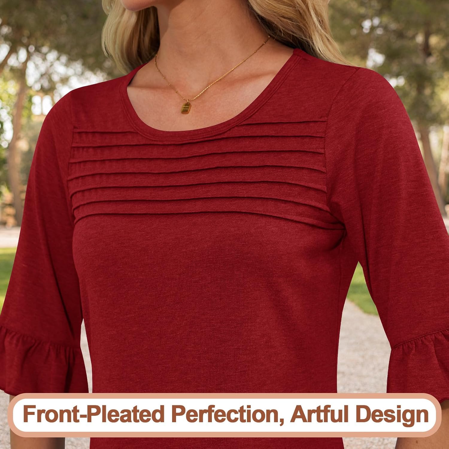 Blingfit 3/4 Length Sleeve Womens Tops Dressy Casual Shirts Ruffle Bell Sleeve Front Pleated Fasion Trendy Summer Blouses - Image 4