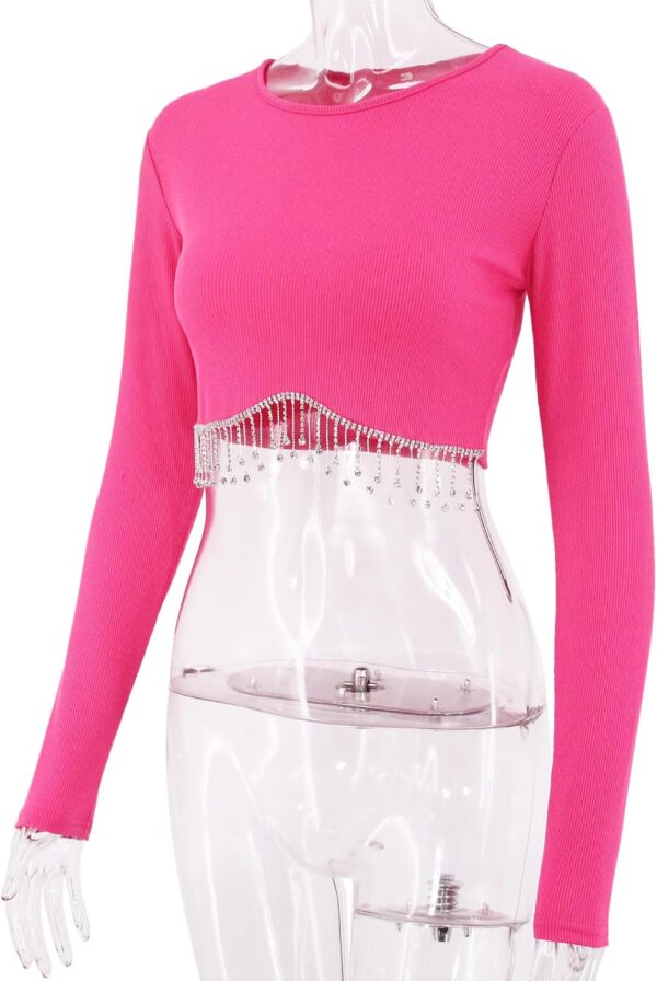 Womens Crewneck Long Sleeveed T-Shirts Sparkly Rhinestone Fringed Crop Tops Slim Tunic Blouse Casual Streetwear - Image 4