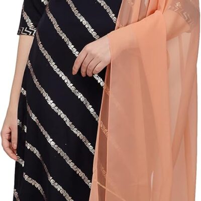 Women's Navy Blue Poly Crepe Straight Kurta with Pant and Dupatta