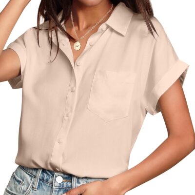 HOTOUCH Women Waterproof Button Down Shirt Solid Work Business Blouse Stain-Resistant Short Sleeve Tops