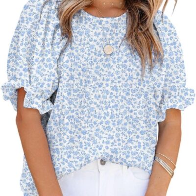 Dokotoo Floral Print Blouses for Women Crewneck Smocked Puff Sleeve Shirts Casual Babydoll Tops