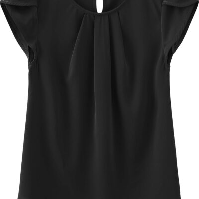 TASAMO Women's Casual Round Neck Basic Pleated Top Cap Sleeve Curved Keyhole Back Chiffon Blouse