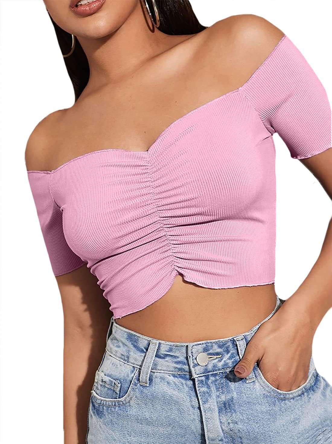 LYANER Women's Off Shoulder Ruched Short Sleeve Rib Knit Sexy Crop Top Blouse - Image 4