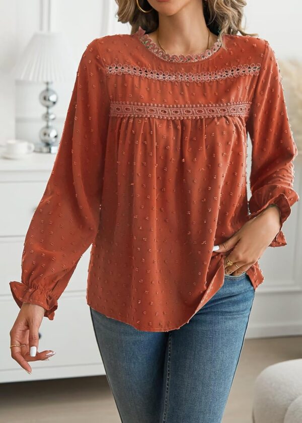 Womens Boho Tops Long Sleeve Shirts For Women Cute Crewneck Blouse Dressy Casual Swiss Dot Crochet Hollow Top 2025 - Image 2