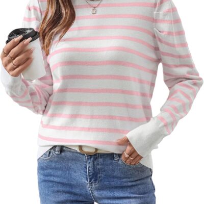 Women's Long Puff Sleeve Knit Tops Trendy Crew Neck Striped Blouses Casual Pullover Sweater