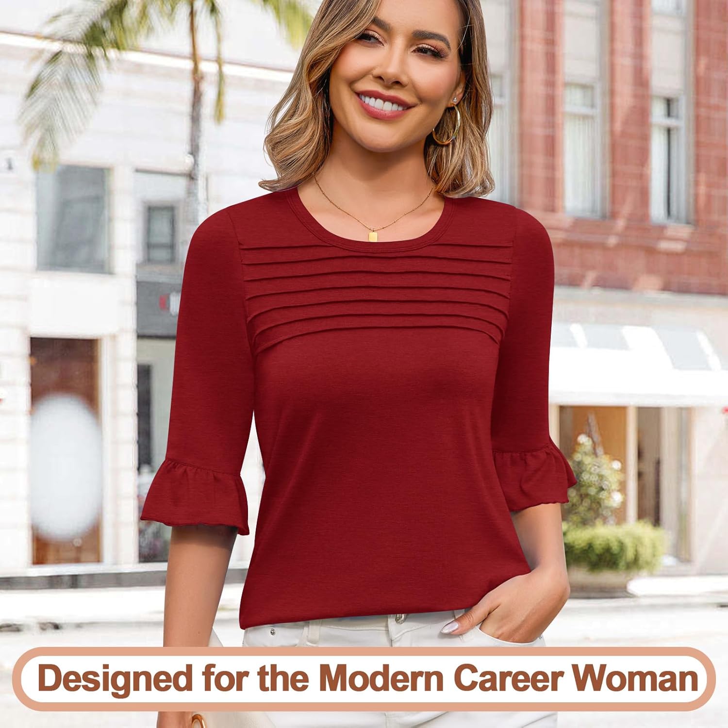 Blingfit 3/4 Length Sleeve Womens Tops Dressy Casual Shirts Ruffle Bell Sleeve Front Pleated Fasion Trendy Summer Blouses - Image 3