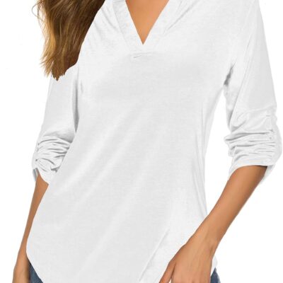 Halife Women's Roll Up 3/4 Sleeve Floral Print V Neck Tunic Blouses Tops Shirts