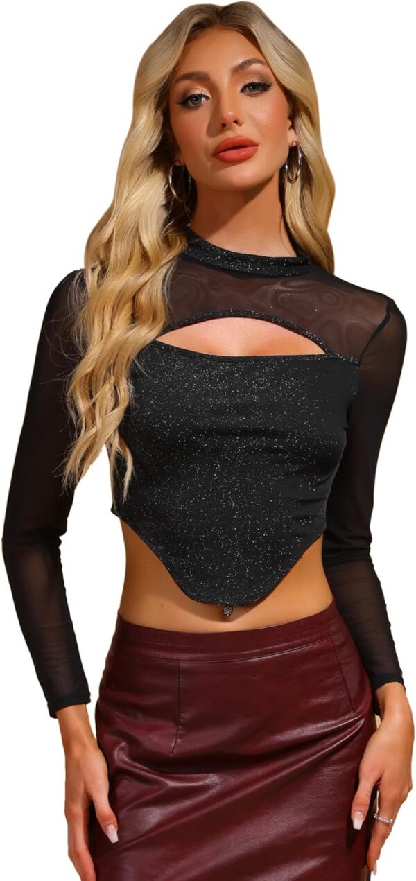 Allegra K Glitter Top for Women's Long Sleeve Mock Neck Keyhole Mesh Clubewear Sparkle Crop Top