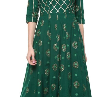 Idalia Women's Cotton Print Anarkali Kurta L Dark Green