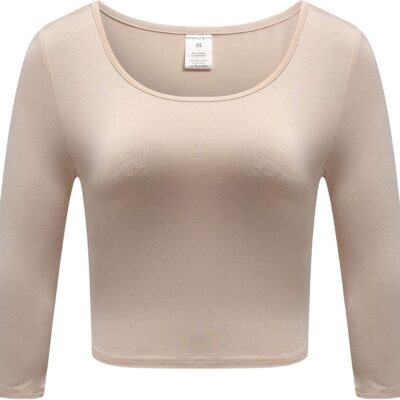 OThread & Co. Women's Crop Tops Basic Stretchy Scoop Neck 3/4 Sleeve T-Shirt