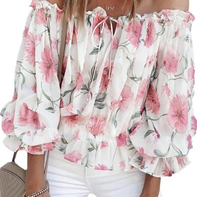 BLENCOT Summer Sexy Off Shoulder Tops for Women Boho Ruffle Sleeve Floral Chiffon Shirts Blouses