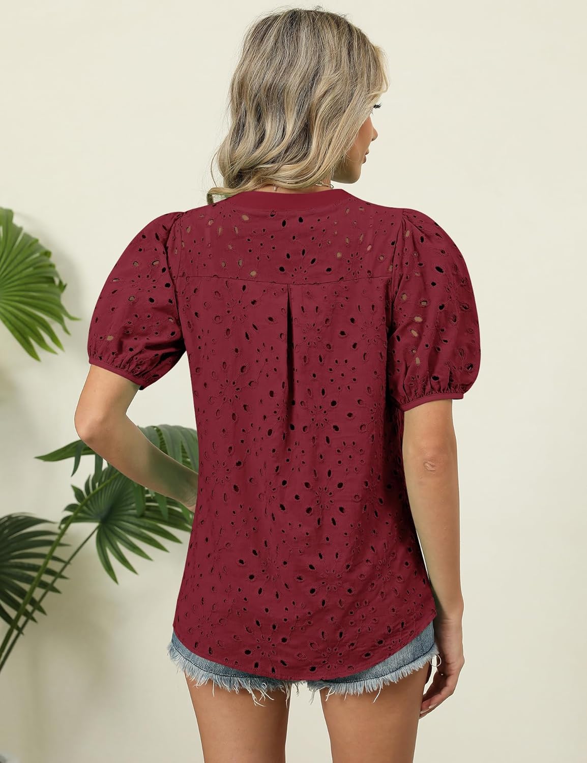 Rapbin Blouses for Women Dressy Casual V Neck Short Sleeve Eyelet Summer Tops Button Down Lace Embroidered Shirts - Image 3