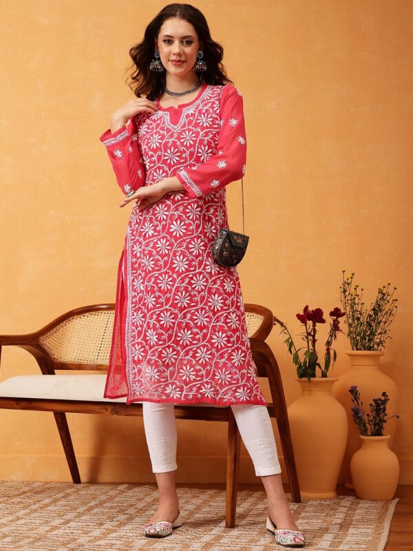 Ada Hand Embroidered Indian Chikankari Georgette Kurti Kurta with Slip for Women A90397 - Image 5