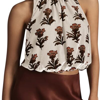 Womens Velvet Sleeveless Tops Loose Fit Crew Neck Racerback Flower Print Bubble Hem 2025 Summer Crop Tank Tops