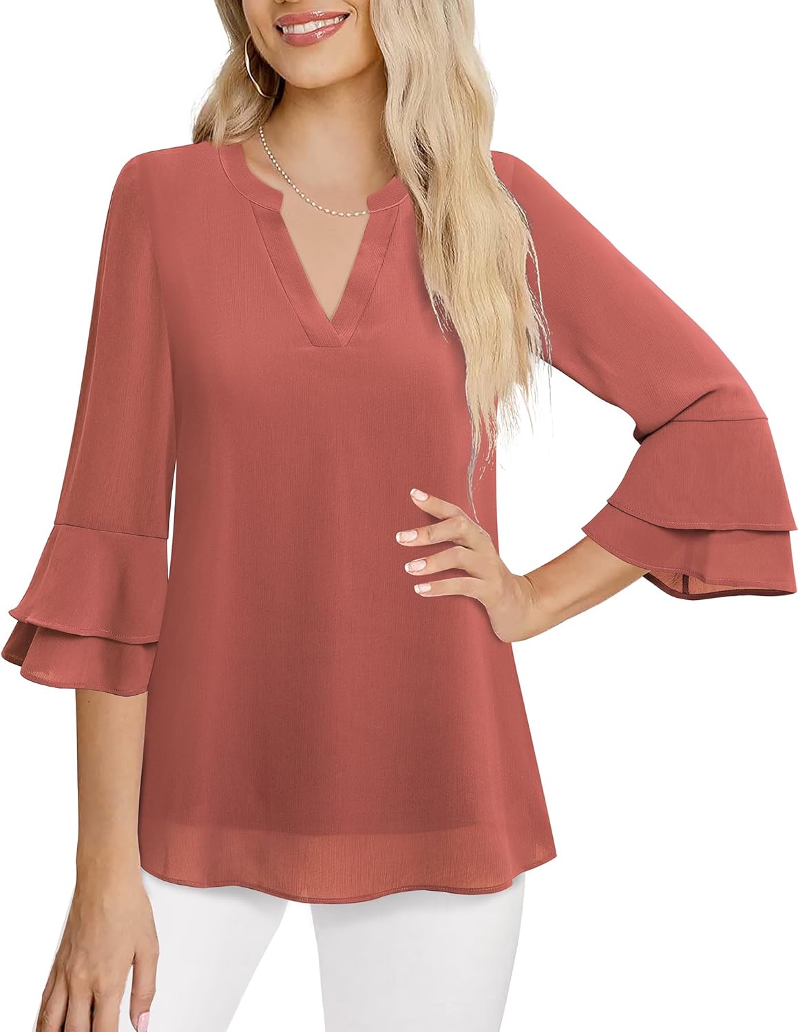 Lotusmile Womens Tops Dressy Casual 3/4 Tiered Bell Sleeve Blouses Double Layered Chiffon Work Tunic Shirts - Image 4