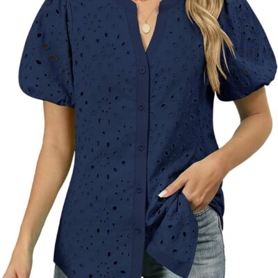 Rapbin Blouses for Women Dressy Casual V Neck Short Sleeve Eyelet Summer Tops Button Down Lace Embroidered Shirts