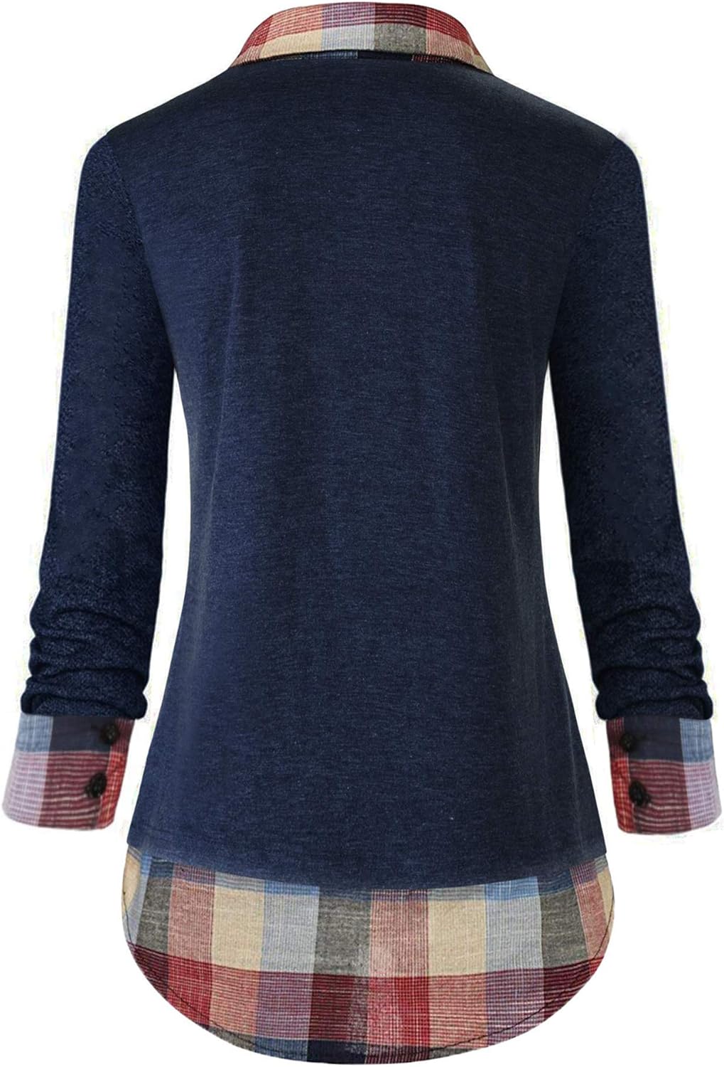 Oyamiki Women's Casual Collared Curved Hem 2 in 1 Pullover Tops Plaid Contrast Shirt Blouse - Image 2