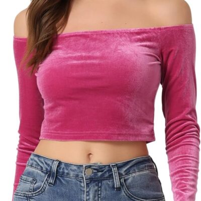 Allegra K Women's Velvet Top Off Shoulder Casual Solid Blouse Long Sleeve Crop Top