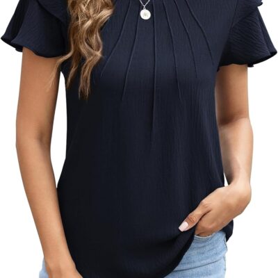 Womens Summer Tops Short Ruffle Sleeve Crew Neck Dressy Casual Pleated Blouses 2025 Trendy Fashion Outfits