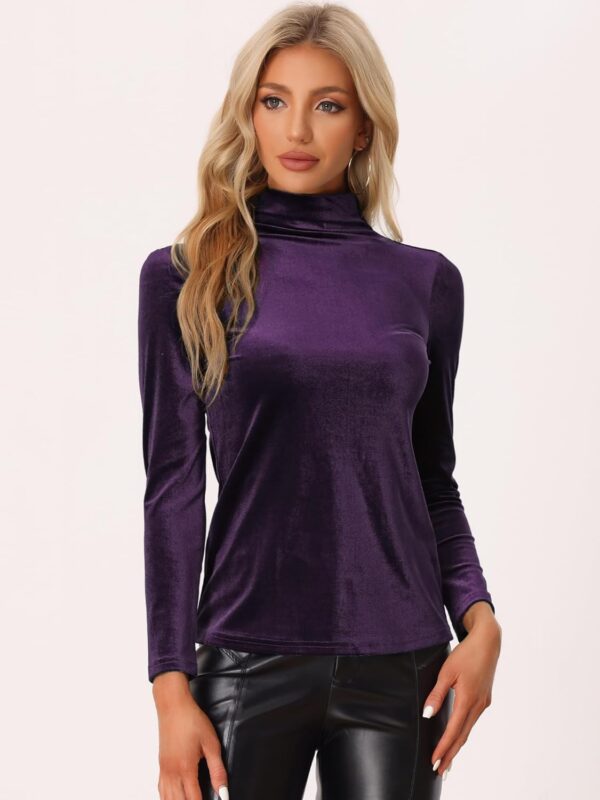Allegra K Women's Turtleneck Velvet Top Long Sleeve Work Shirts Basic Velour Blouse - Image 2