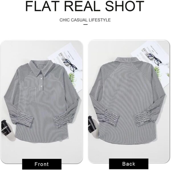 Astylish Women 2025 Fine Striped Smocked Cuffed Henley Shirts Long Sleeve Collared Blouse Tops with Pocket - Image 5