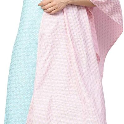 Idalia Women's Sky Blue and Baby Pink Khadi Gold Print Cotton Kurta Set with Dupatta (Sky Blue, L)