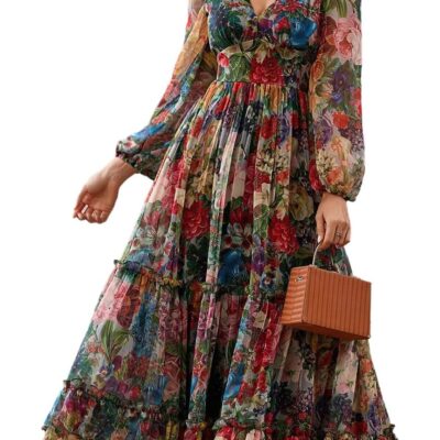 TOLEEN Summer Casual Dresses for Women 2024 Spring Fashion Boho V Neck Long Sleeve Ruffle Floral Print Elegant Maxi Dress
