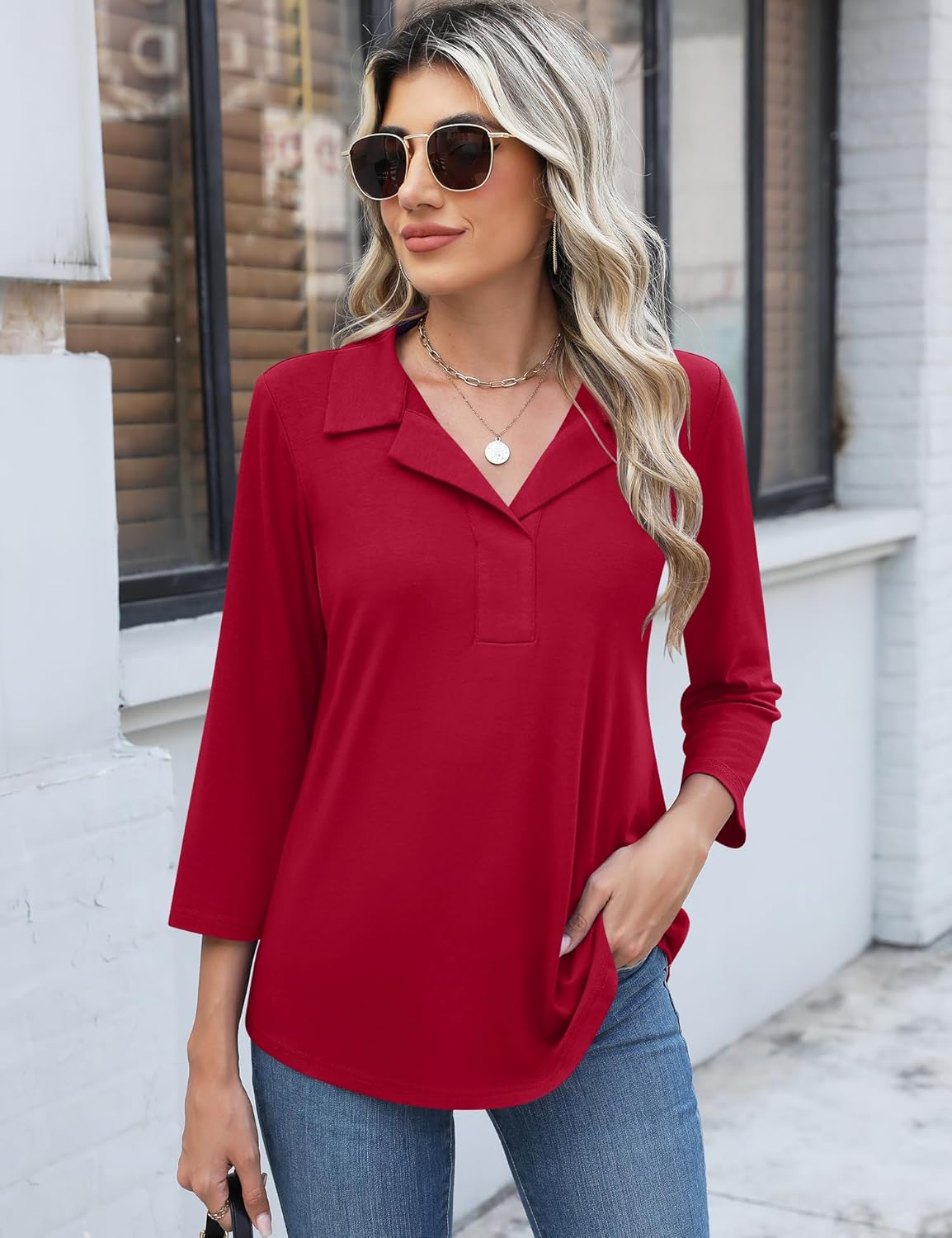 LUYAA Womens Polo Shirts 3/4 Length Sleeve Tops Collar V Neck Business Casual Blouses - Image 4