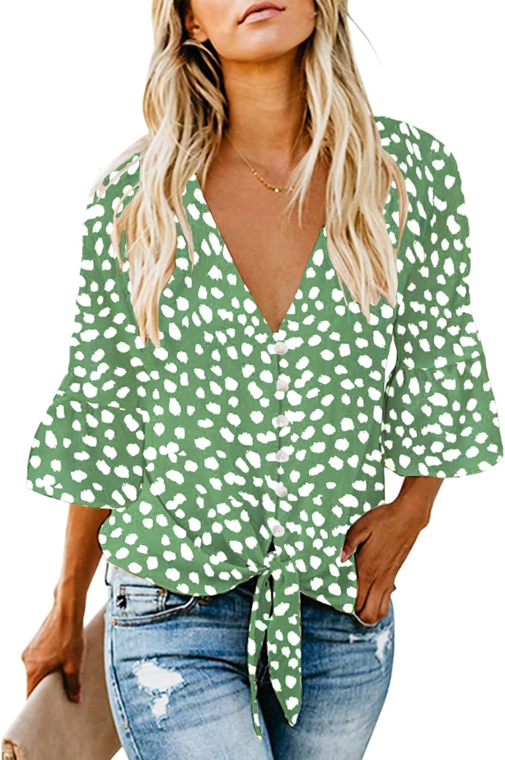 Kancystore Womens Button Down V Neck Tie Knot Front Tops 3/4 Sleeve Chiffon Casual Blouse Shirts