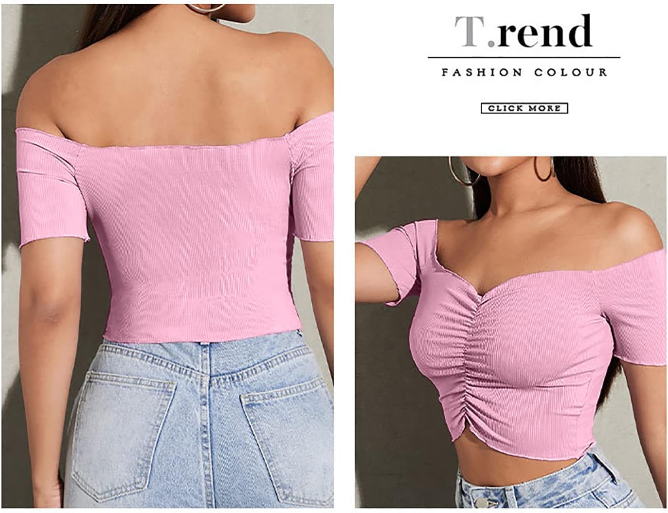 LYANER Women's Off Shoulder Ruched Short Sleeve Rib Knit Sexy Crop Top Blouse - Image 5