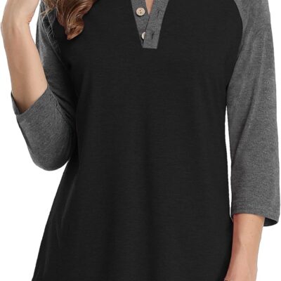 Rinethy 3/4 Sleeve Raglan Shirts for Women Color Block Henley Blouse Button Tunic Tops