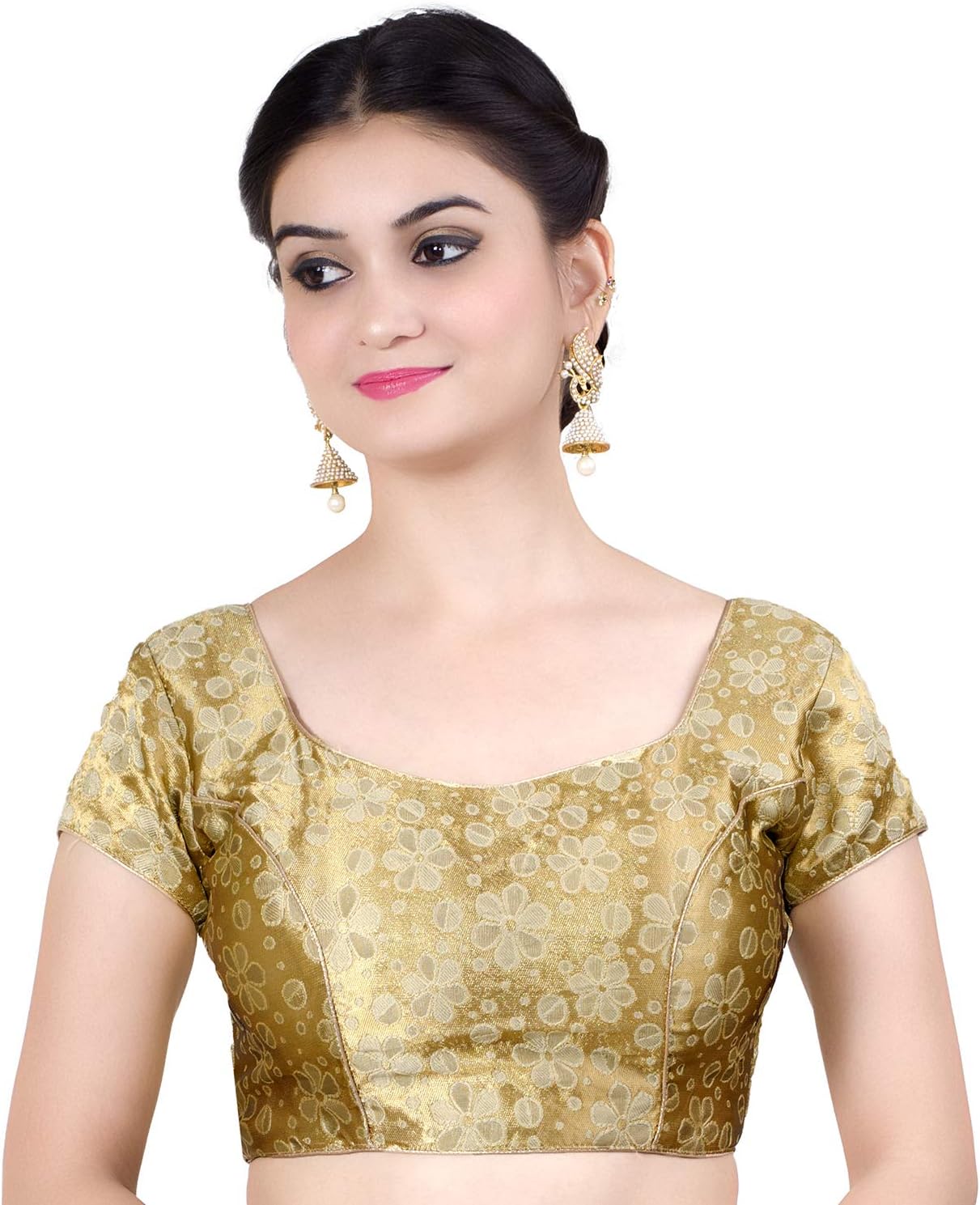 Chandrakala Brocade Banarasi Blouses for Women sarees,Readymade Gold Paisley,X-Small (B113)