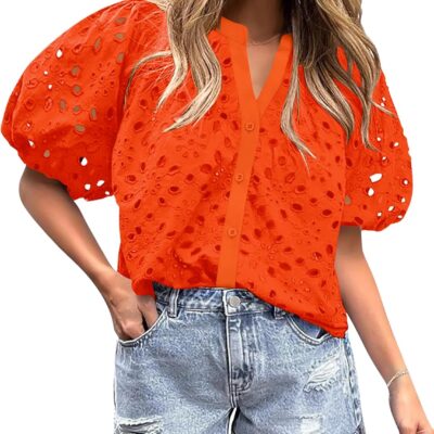 Rapbin Blouses for Women Dressy Casual V Neck Short Sleeve Eyelet Summer Tops Button Down Lace Embroidered Shirts